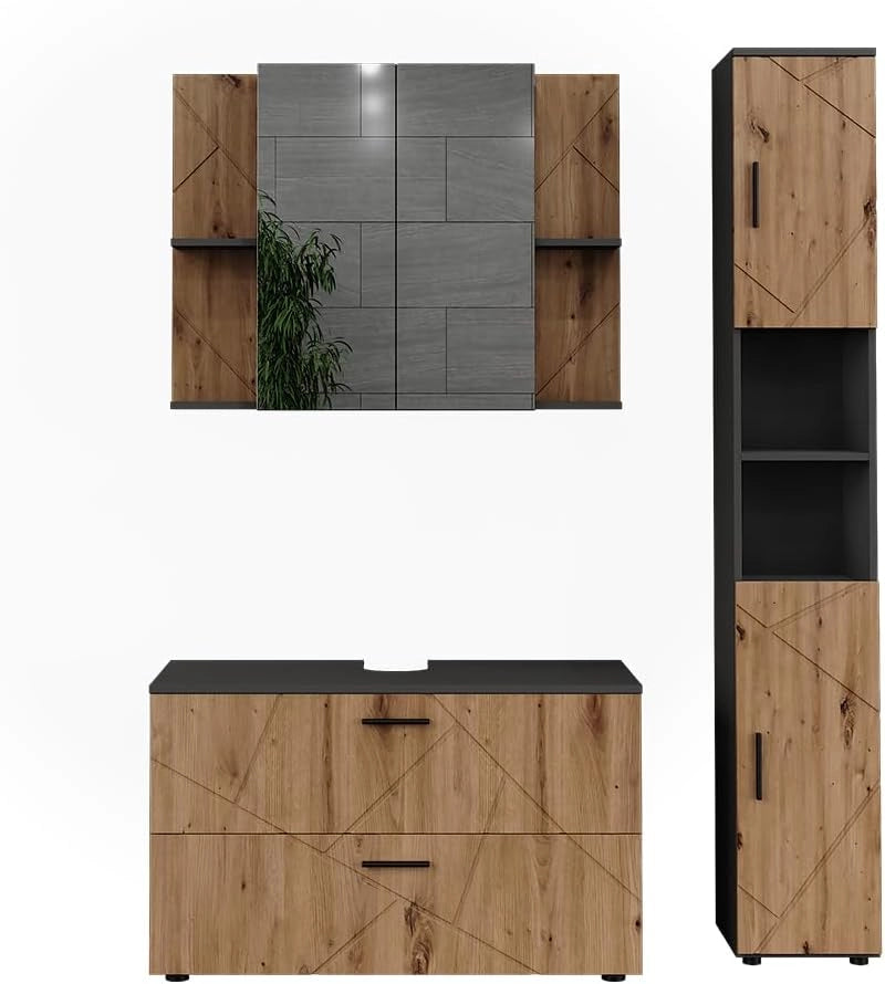 Set di mobili da bagno Irma, Antracite/Artisan, 100.1 cm, composto da mobile sottolavabo, specchiera e colonna alta
