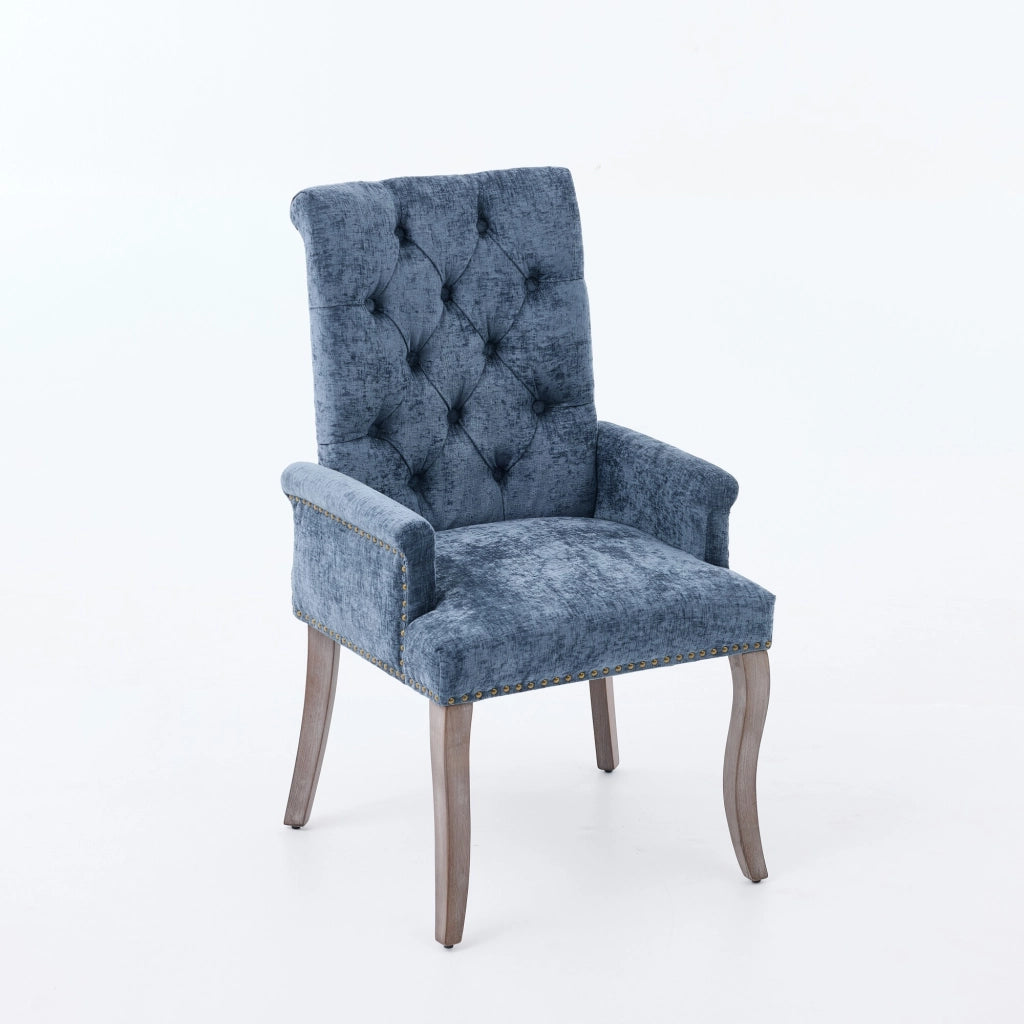Sedia da pranzo, venduta singolarmente, tessuto chenille, gambe in legno massello, con braccioli, blu