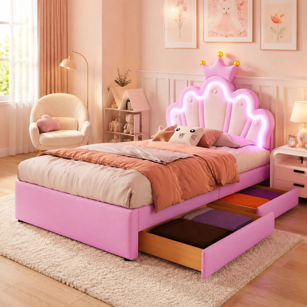 Letto per bambini 90x200 cm rosa con LED e 2 cassetti