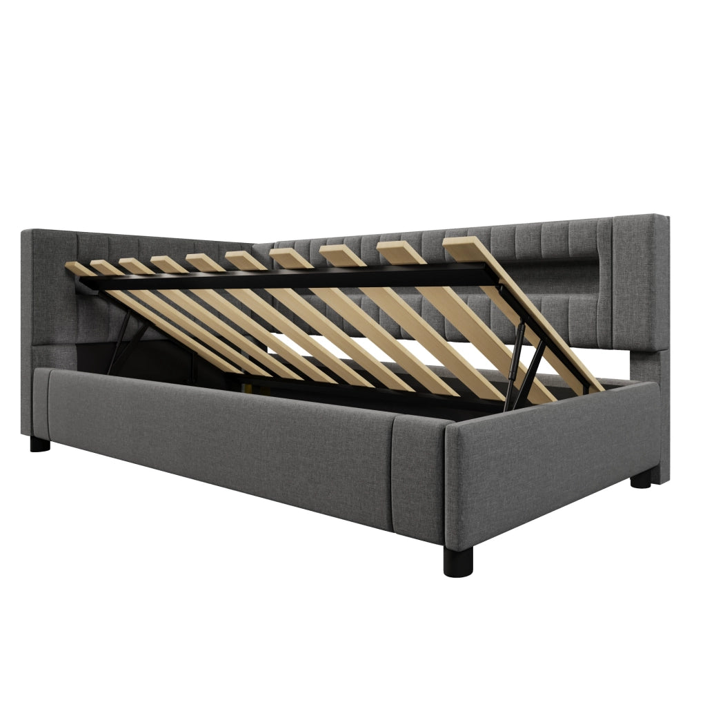 Letto singolo 90x200 cm grigio con LED, USB-C e contenitore idraulico