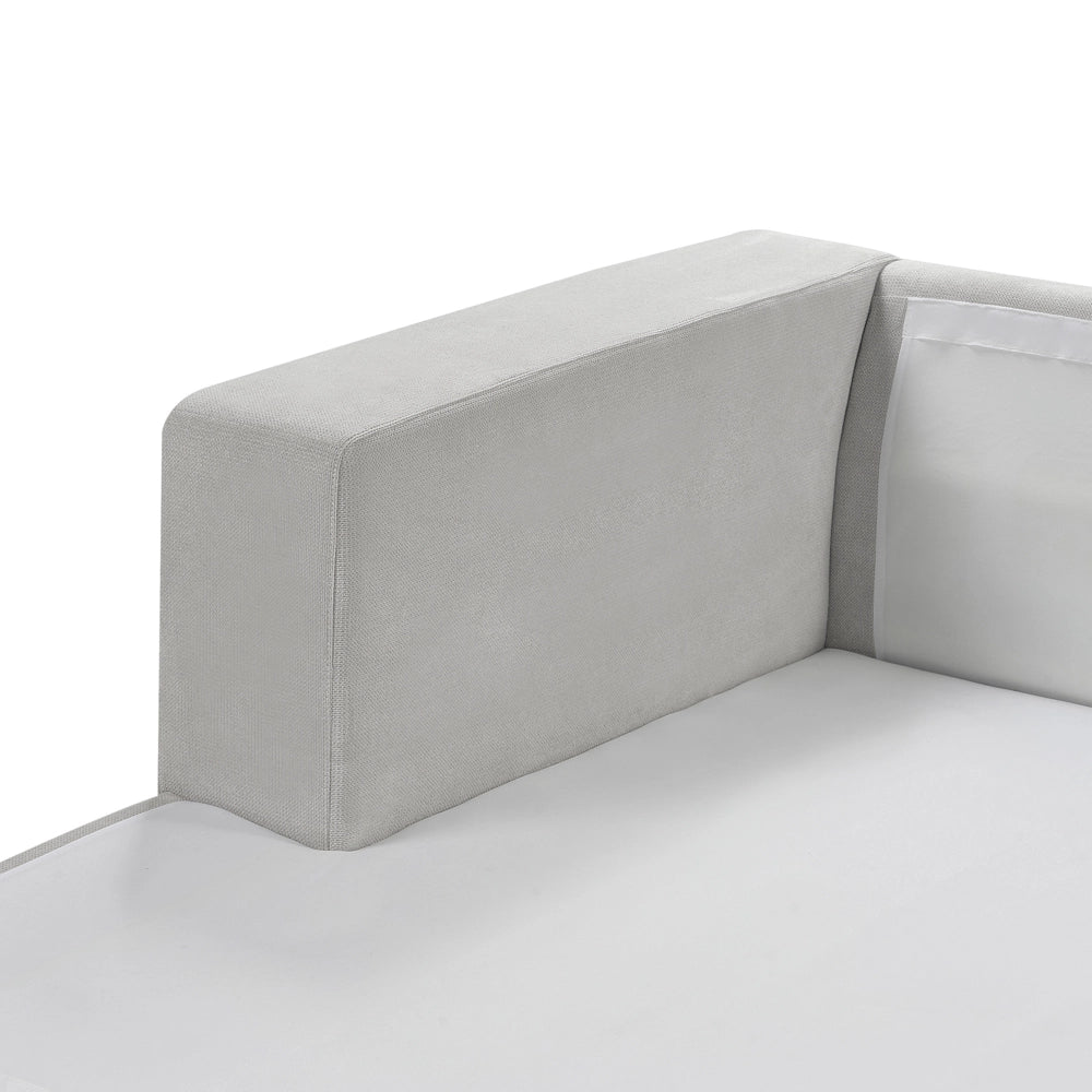 Divano angolare a 3 posti a destra Tessuto grigio chiaro Braccioli imbottiti a binario Cuscini aggiuntivi Stile moderno minimalista