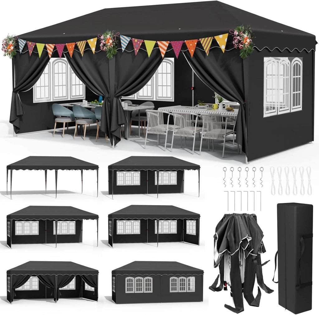 Gazebo 3x6, Gazebo Pieghevole 3x6 Stabile Impermeabile, Padiglione Pop up,Tente de Reception, Tonnelle de Jardin con 4 Pannelli Laterali, per Festival/Campeggio/Mercato, Nero