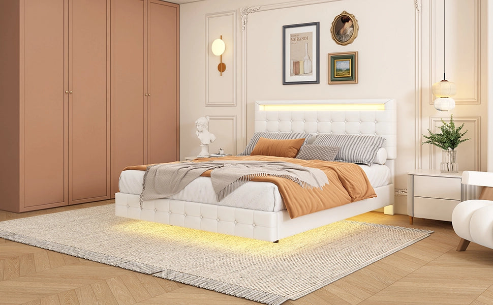 DESMIU Letto Matrimoniale 140 × 200 cm 2 Posti con LED Regolabile e Testiera Regolabile, senza Materasso, PU Bianco