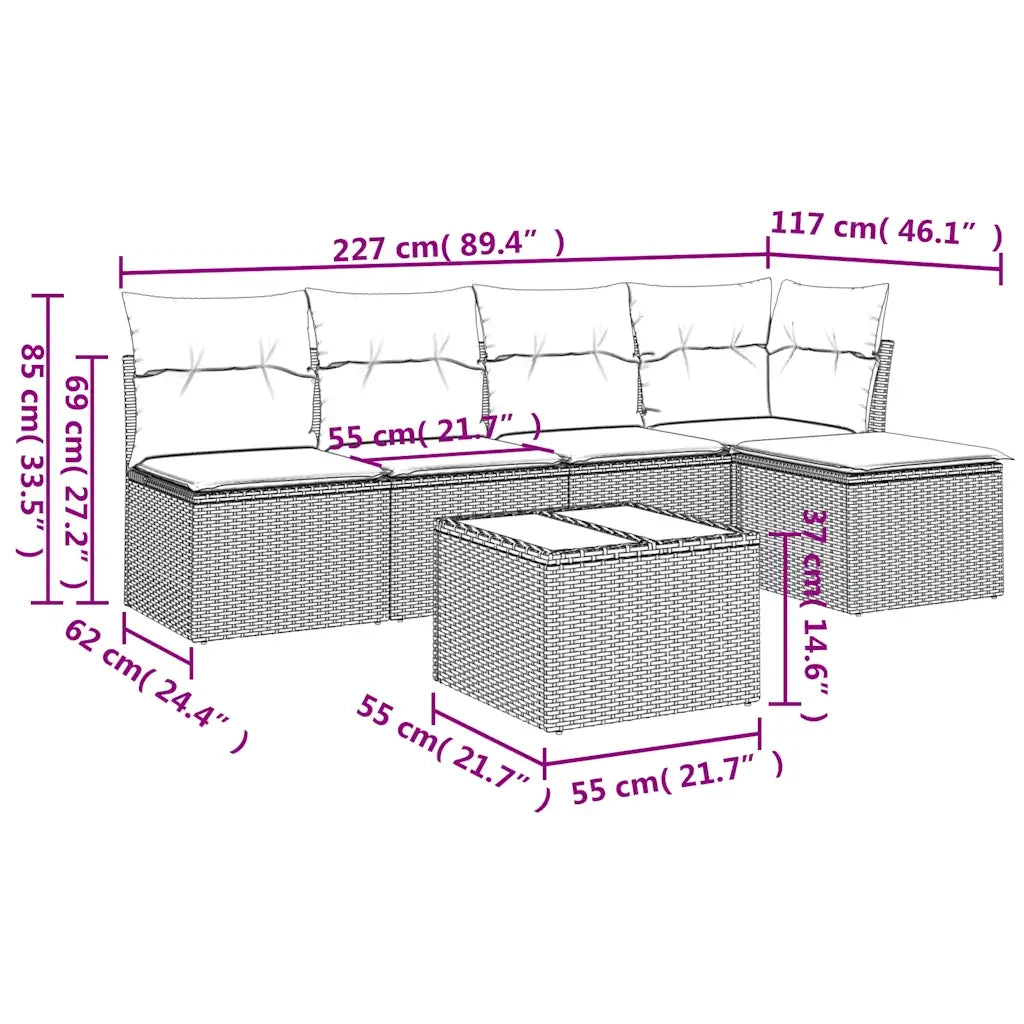 Set Divano da Giardino 6 pz con Cuscini Marrone in Polyrattan