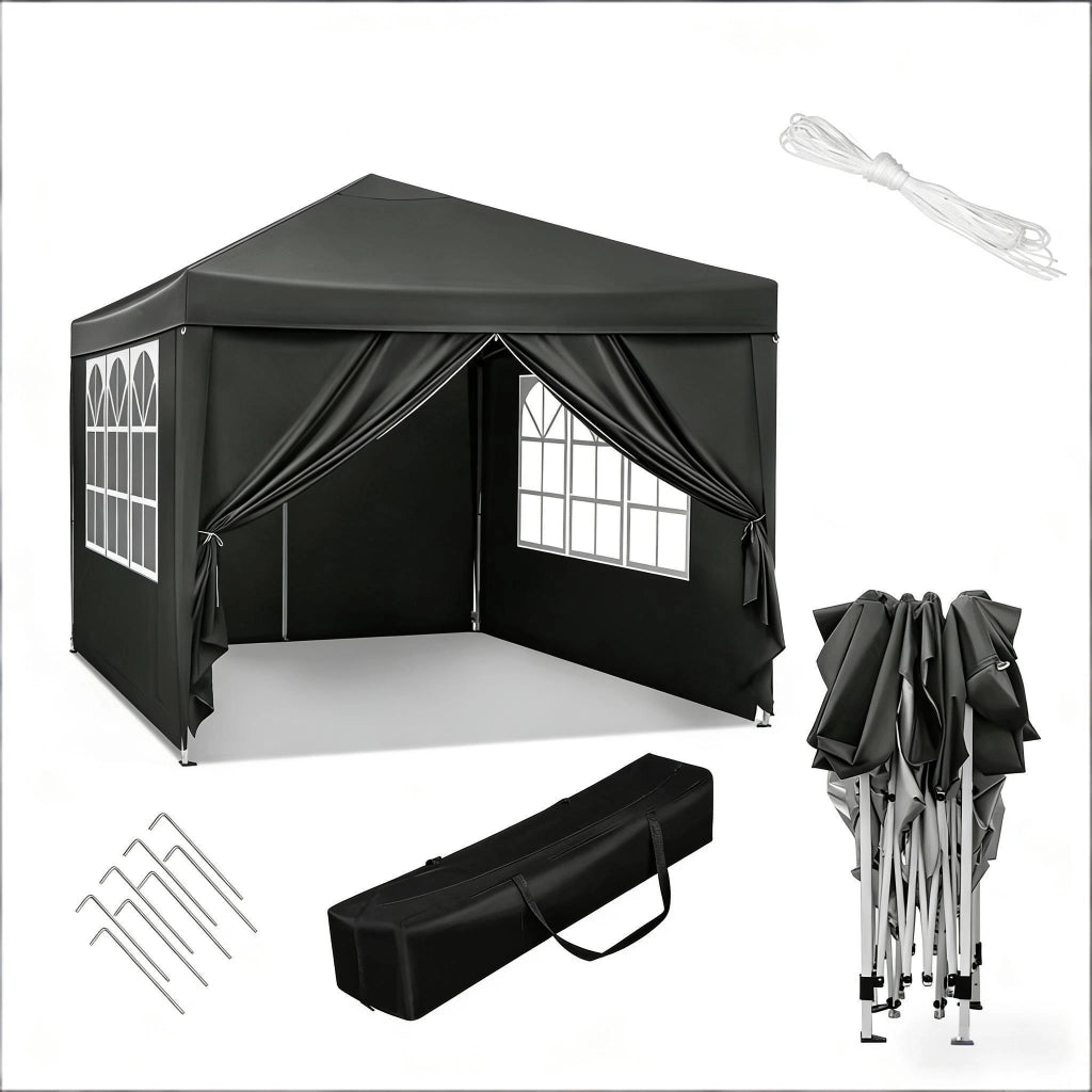 Gazebo pieghevole da giardino 3x3 m grigio con pareti laterali, altezza regolabile e borsa di trasporto