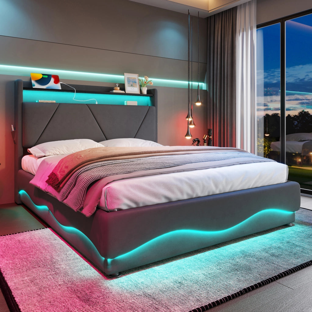 Letti contenitori 160x200 cm; testiera con ripiano e LED; velluto grigio scuro (Senza materasso)