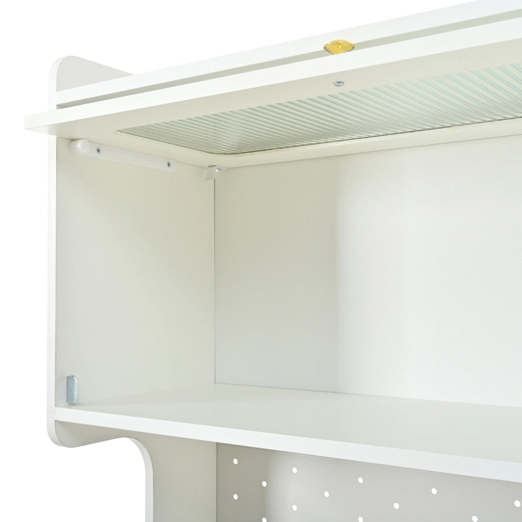 Credenza 80x40x180 cm con LED; ripiani regolabili e anta ribaltabile in MDF e truciolare bianco