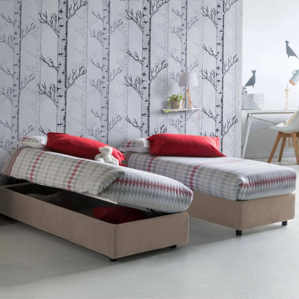 Letto singolo Adoxa, Letto contenitore con rivestimento in tessuto, Made in Italy, Apertura laterale, adatto per materasso cm 80x190, Tortora
