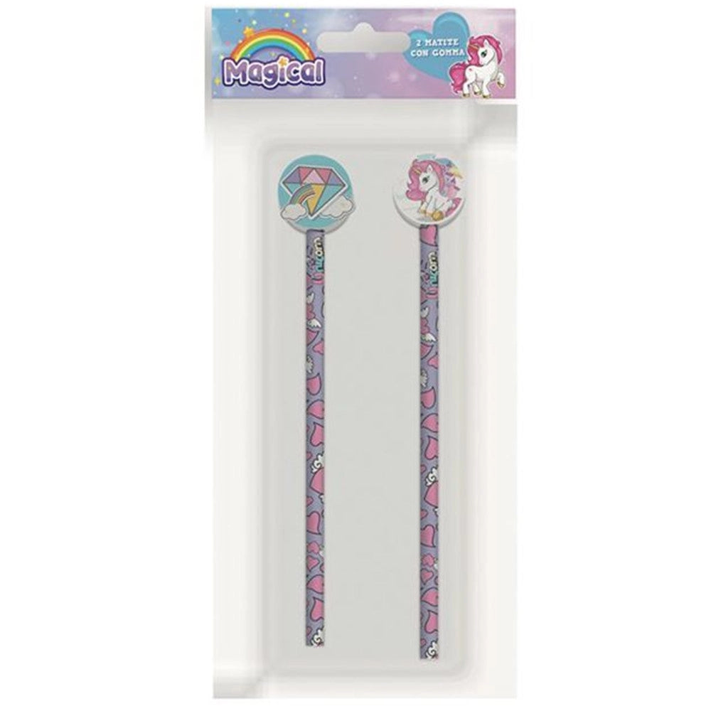 Trade Shop - Kit 2pz Matite Con Gomma Rotonda Grafica Magico Unicorno Per Disegno Scuola Bambine 737922 -