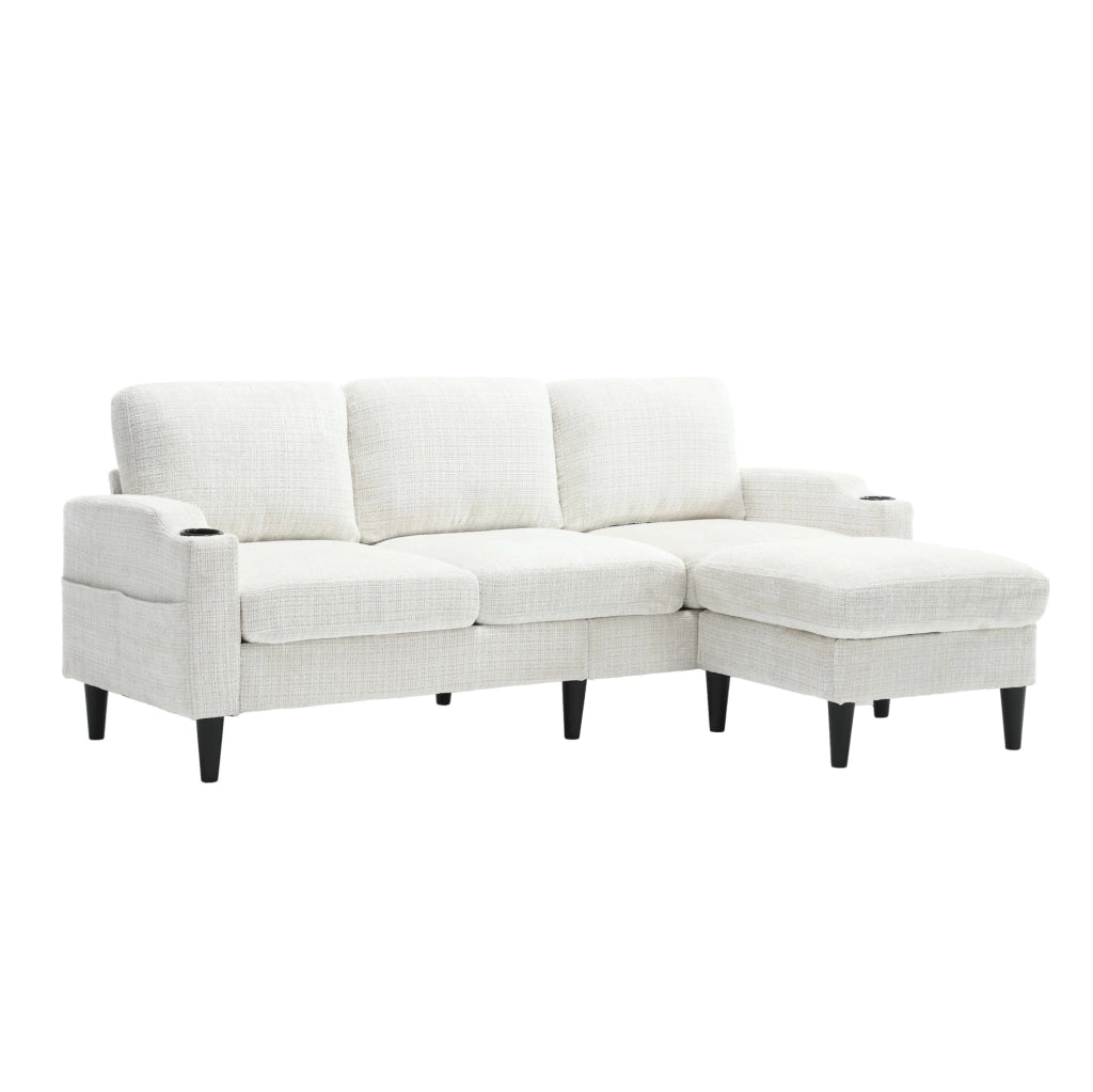 Divano 196.5x75x77 cm 4 posti con pouf contenitore; portabicchieri e tasche laterali in chenille beige