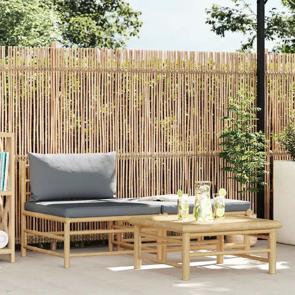 Set Divani da Giardino 3 pz con Cuscini Grigio Scuro in Bambù