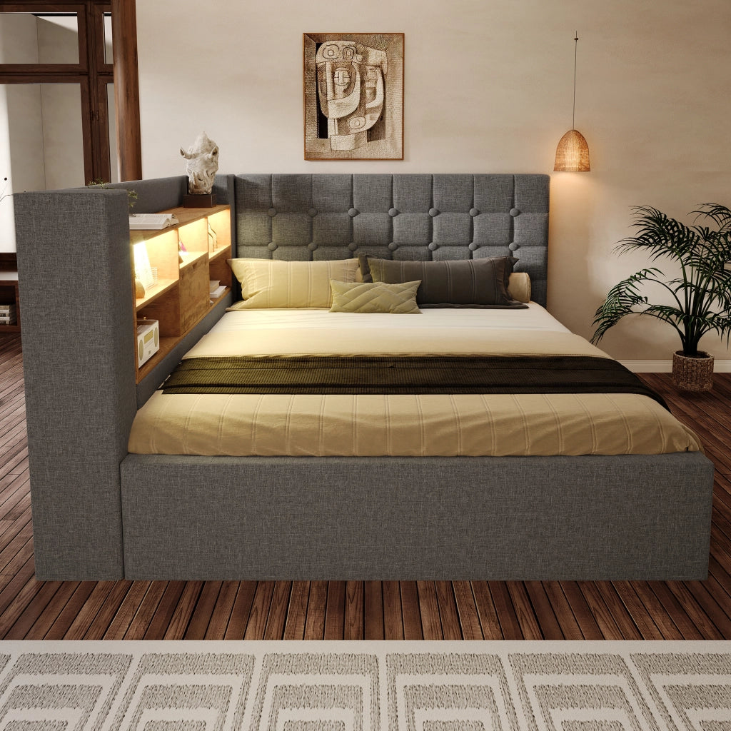 LETTO imbottito 140x200 cm in tessuto grigio con LED, USB e vano contenitore