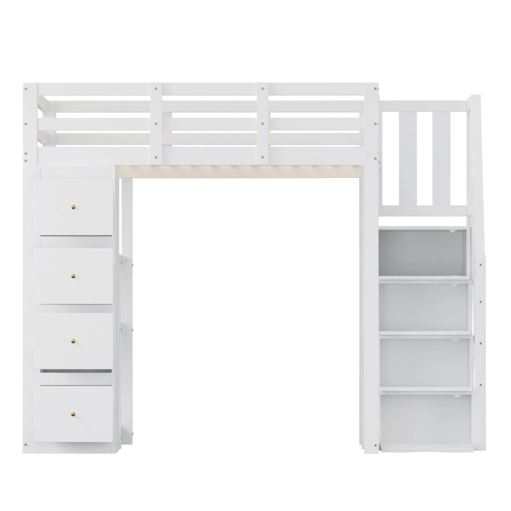 Letto a soppalco 140 x 200 cm bianco con cassetti e scaffale