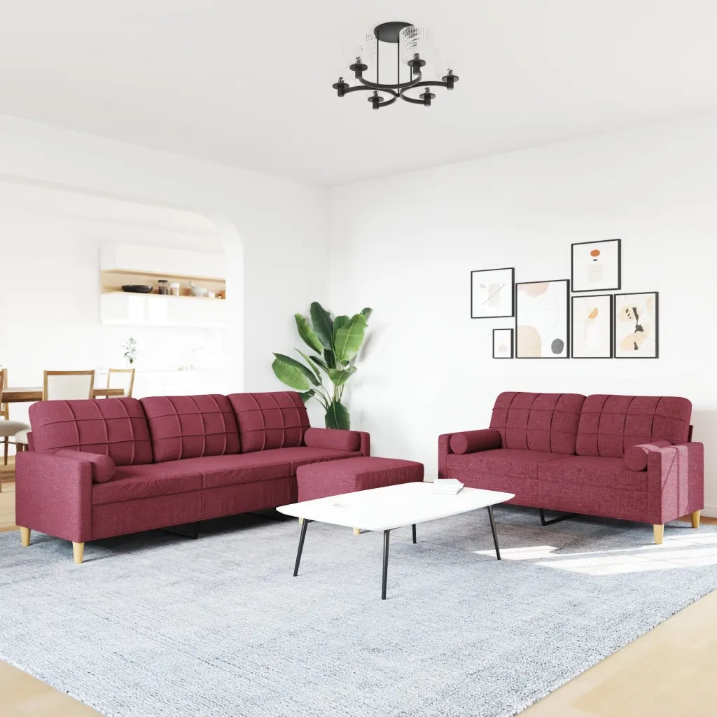 vidaXL Set di Divani 3 pz Poggiapiedi e Cuscini Rosso Vino in Tessuto