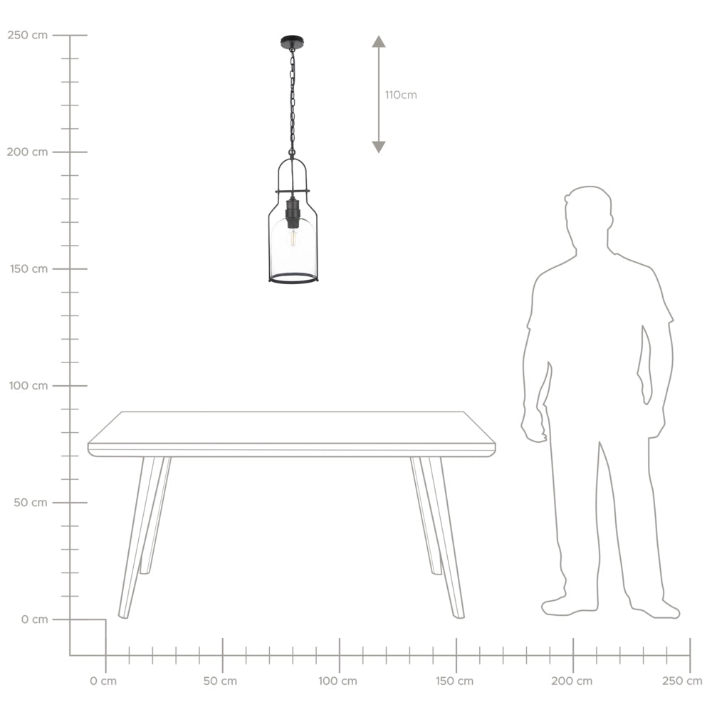 Lampada a sospensione in metallo Nero da 166 cm con montatura in vetro trasparente e paralume in stile retrò