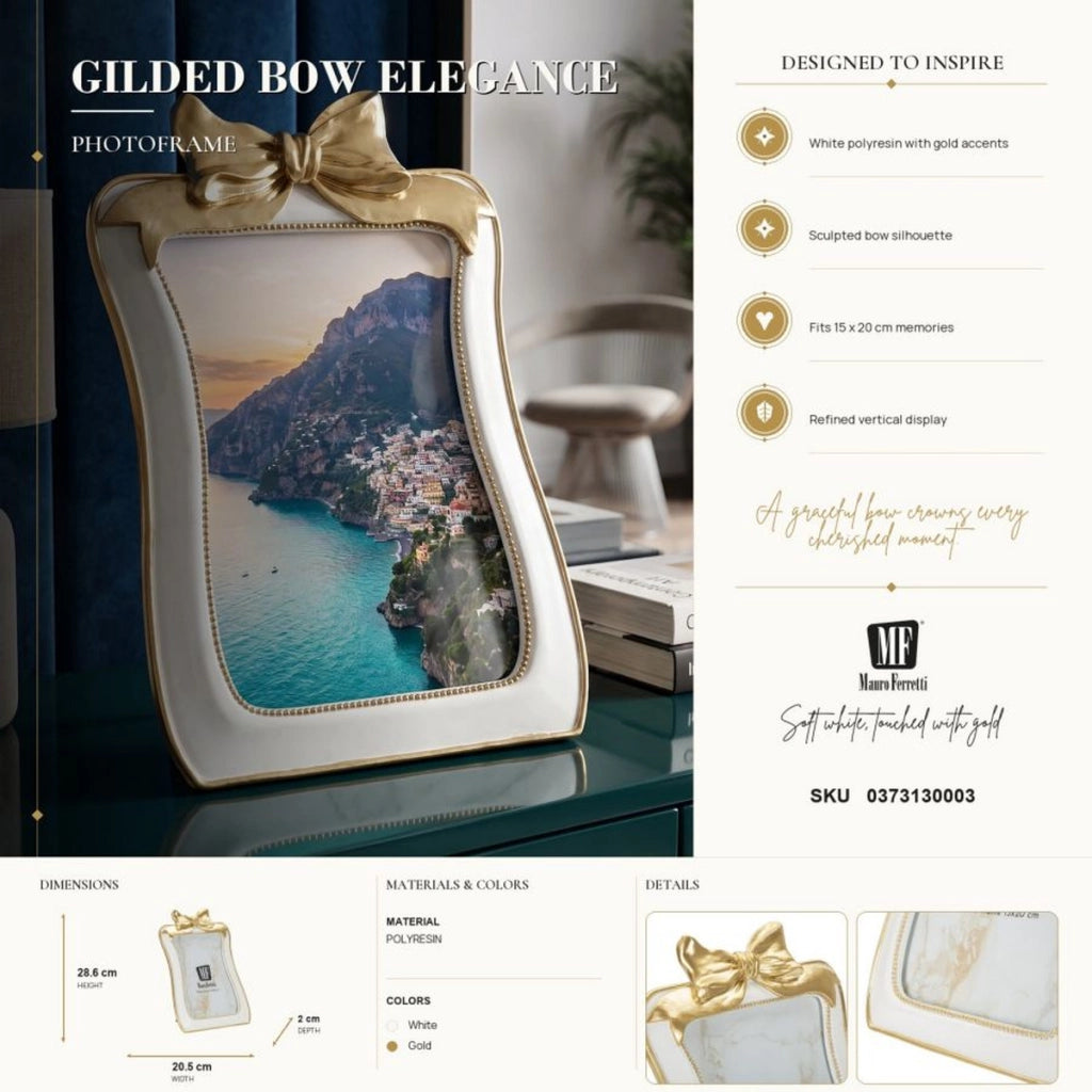 Cornice portafoto Romantica con fiocco in poliresina bianco e oro