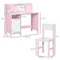 Set Tavolo e Sedie per Bambini 5+ Anni in Legno con Banco Scuola e Sedia Bianco e Rosa