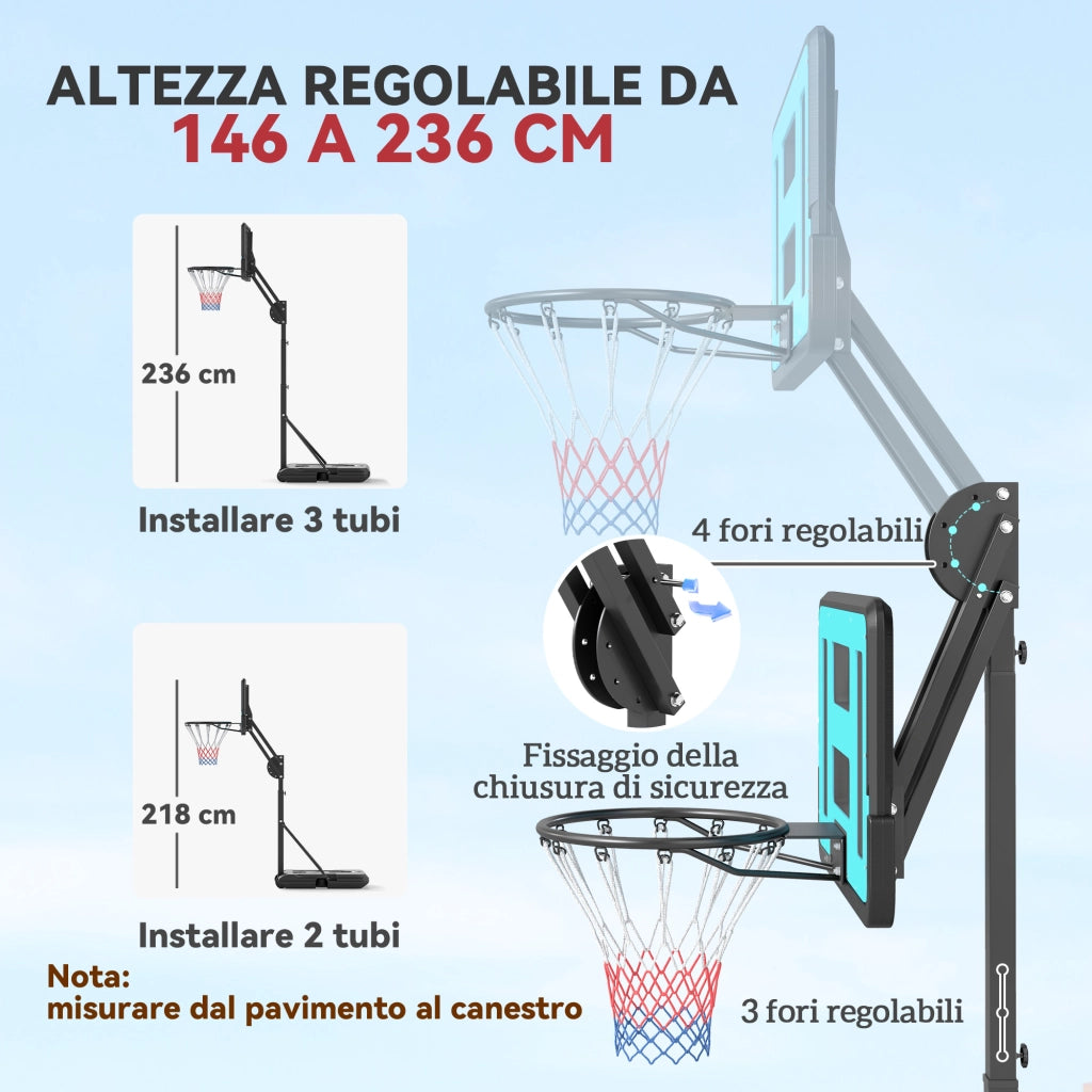 Canestro Basket Regolabile con Ruote ¨C Xylo ¨C 146-236 cm Base Riempibile Nero