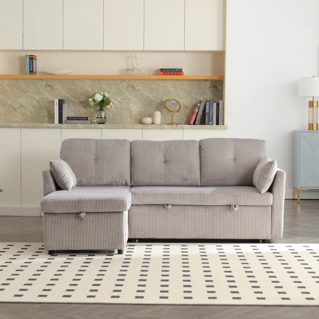 Divano letto modulare con contenitore e seduta reversibile in velluto a coste grigio chiaro 206 × 108 × 66 cm