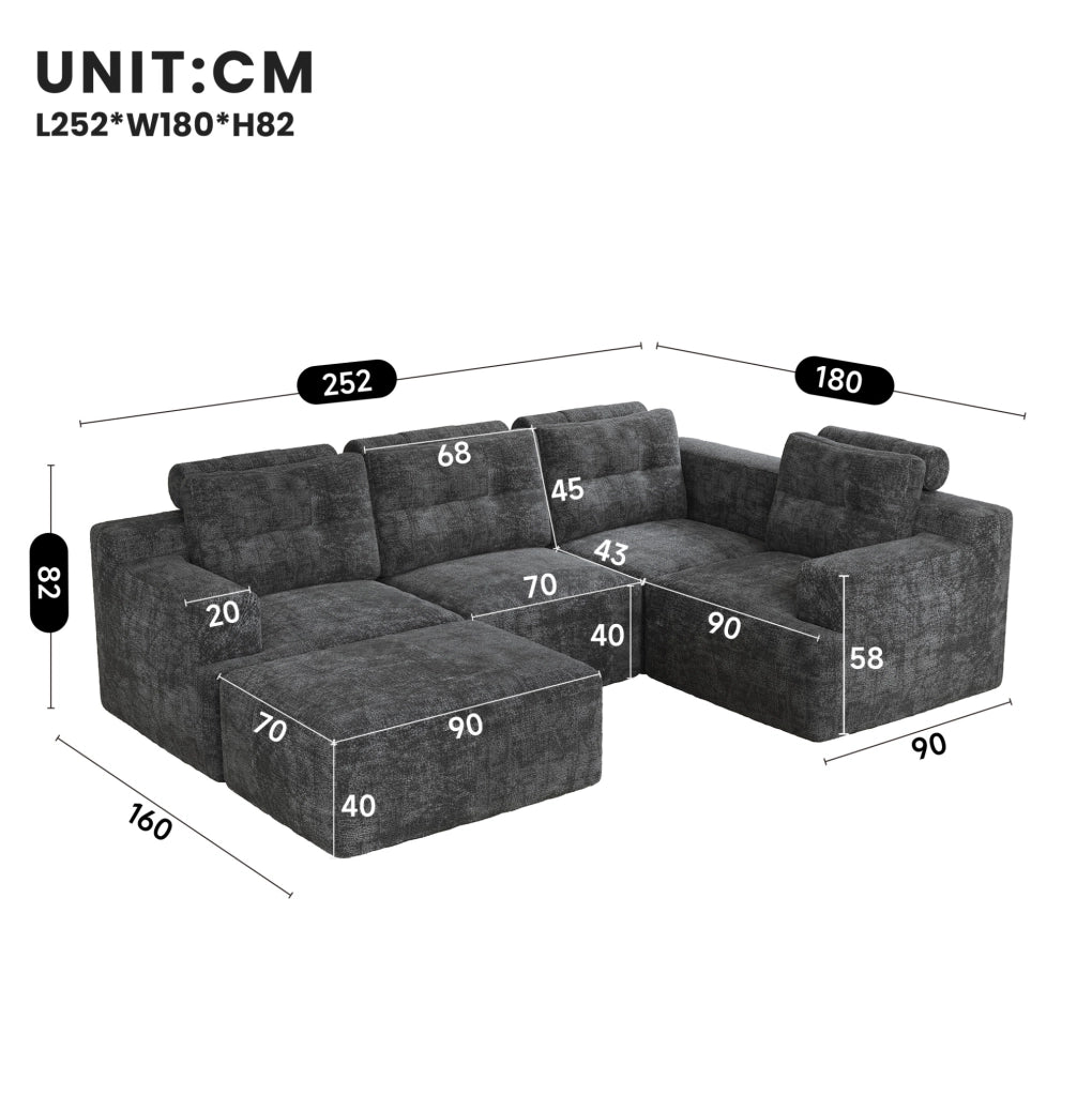 Divano modulare 5-6 posti in ciniglia grigio con pouf