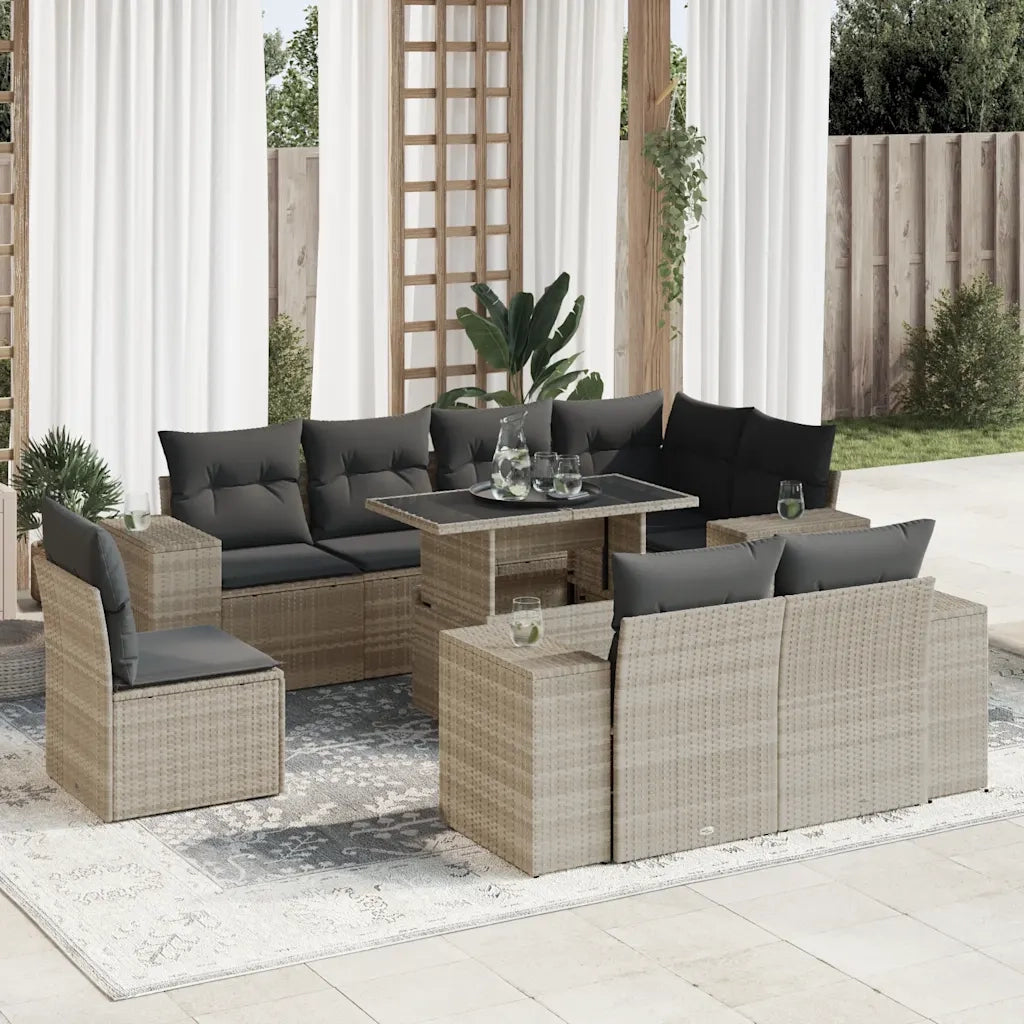 Set Divano da Giardino 9pz con Cuscini Grigio Chiaro Polyrattan
