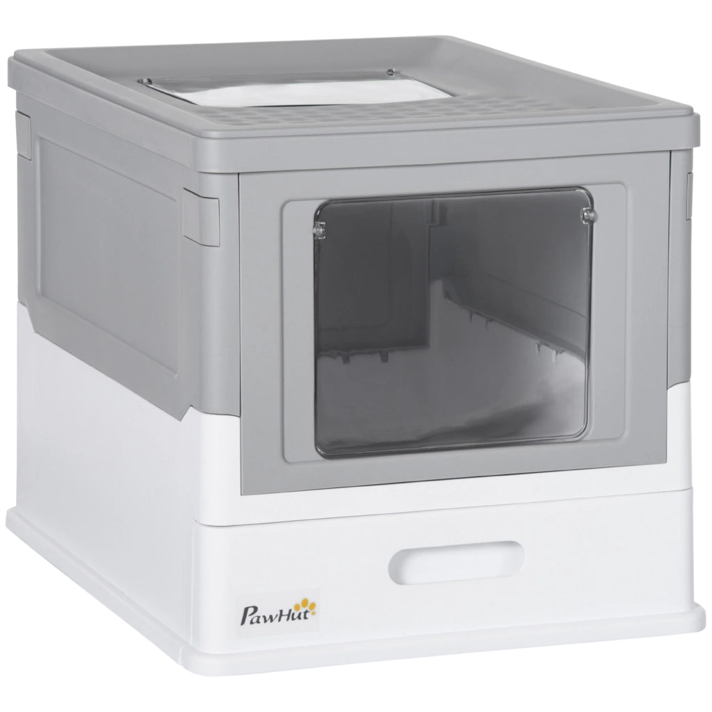 Lettiera chiusa per gatti con uscita superiore; paletta e supporto; plastica bianca 47.5 × 35.5 × 36.7 cm