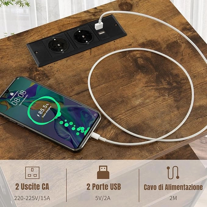 Tavolino con 2 Cassetti e 6 Tasche Laterali, Tavolino Versatile con Porte USB e Prese AC, Tavolino da Salotto e Camera da Letto, Marrone (38 x 30 x 60 cm, 1)