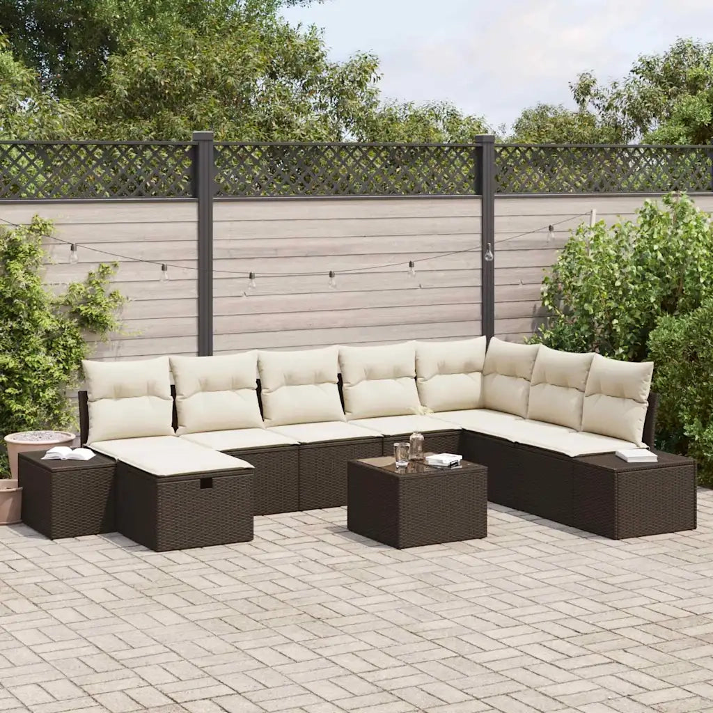 Set Divano da Giardino con cuscino 9 pcs Marrone polyrattan