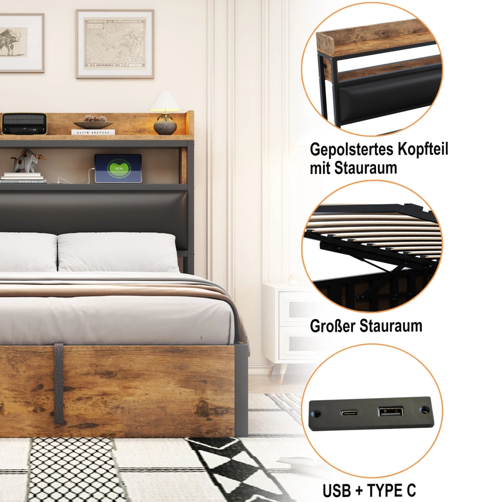 LETTO Contenitore 180x200 cm Nero in Metallo e Legno con USB