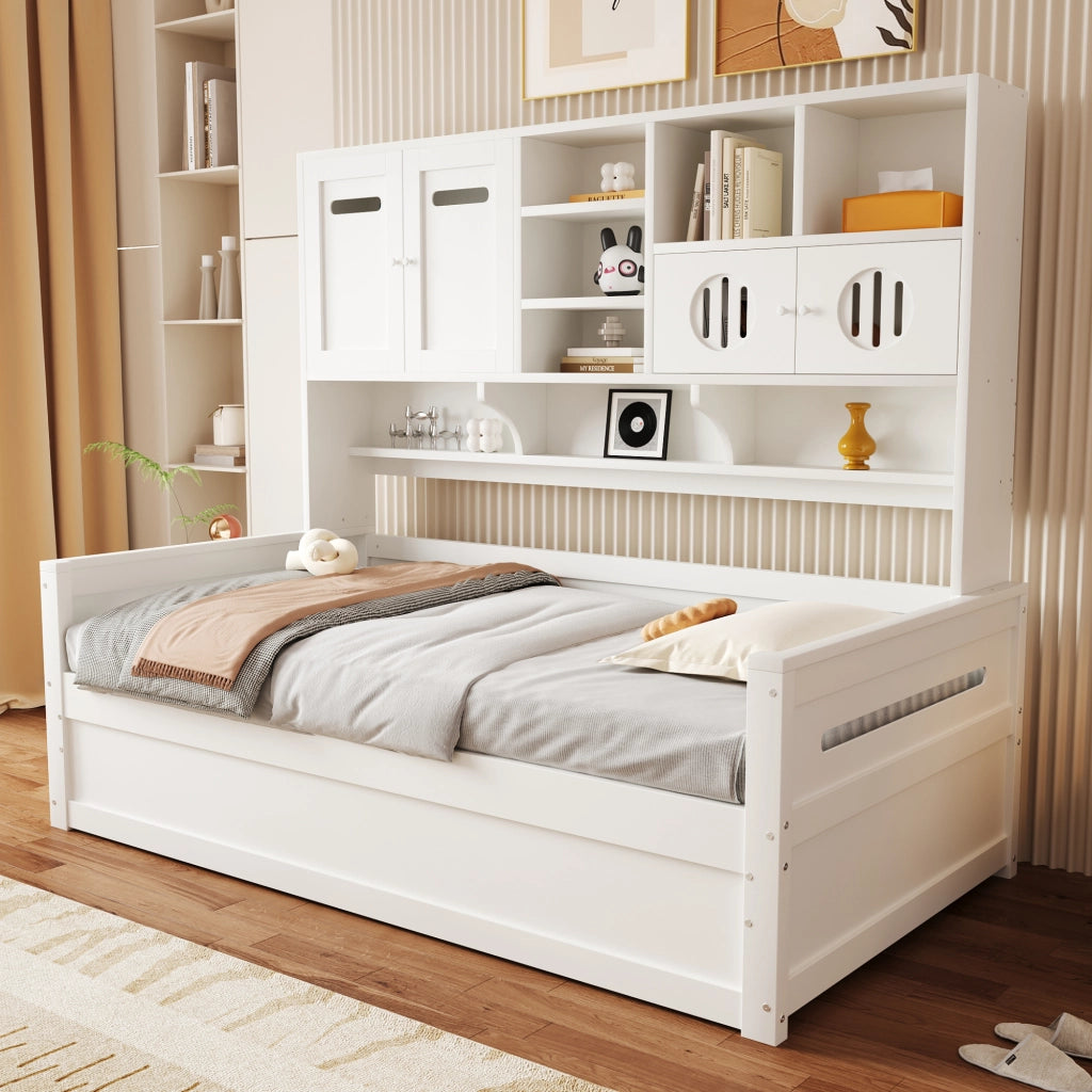 Letto singolo contenitore 90×200 cm con vani portaoggetti e rete idraulica; senza materasso; legno; bianco