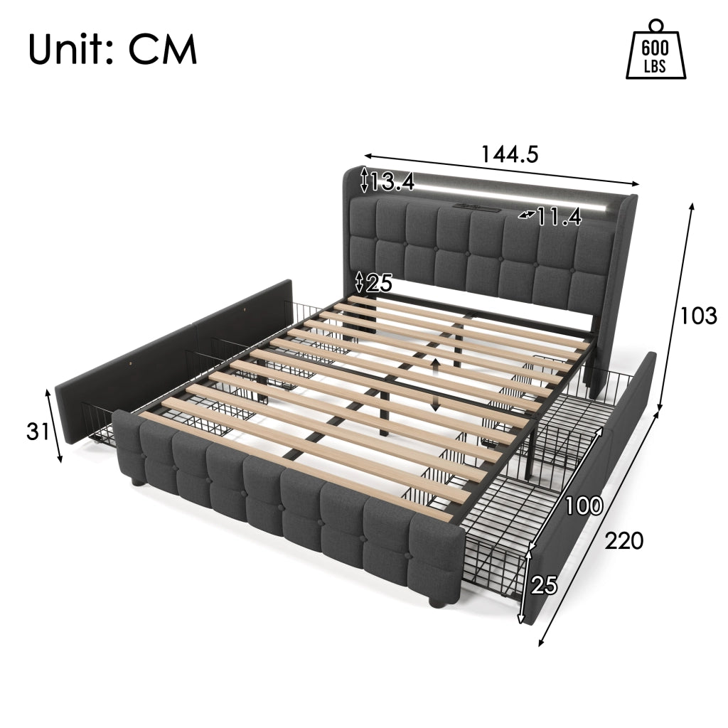 Letto con Cassetti Letto Matrimoniale; USB; Prese; LED e 4 Cassetti 140×200 cm; senza Materasso; Grigio