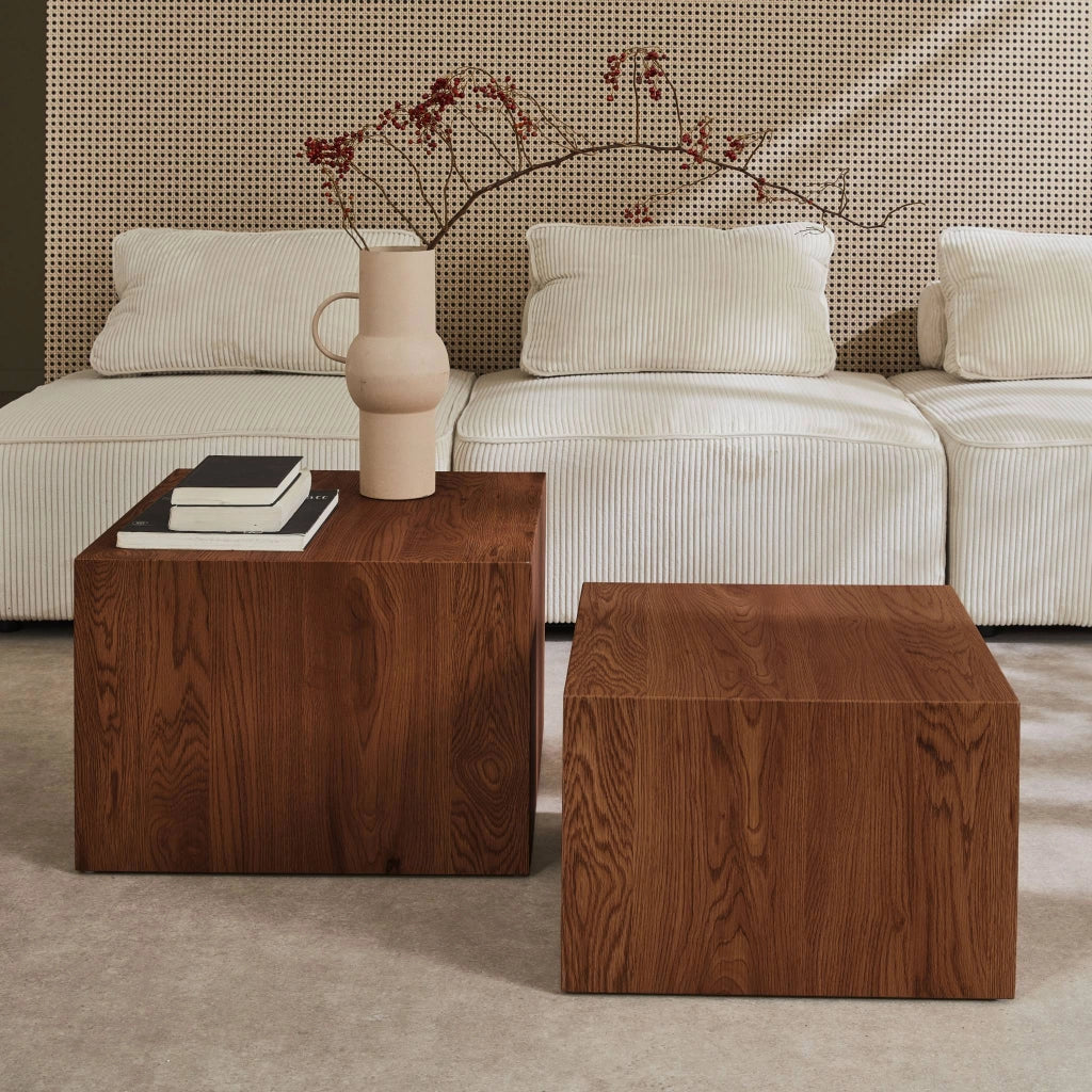 Set di 2 tavolini quadrati effetto frassino, noce
