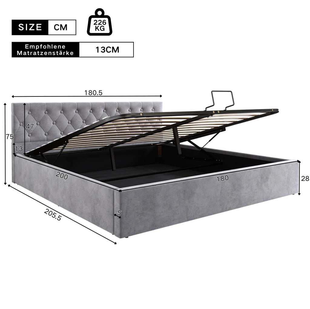 Letto matrimoniale imbottito 180x200 cm in velluto grigio con testiera capitonn茅 e contenitore