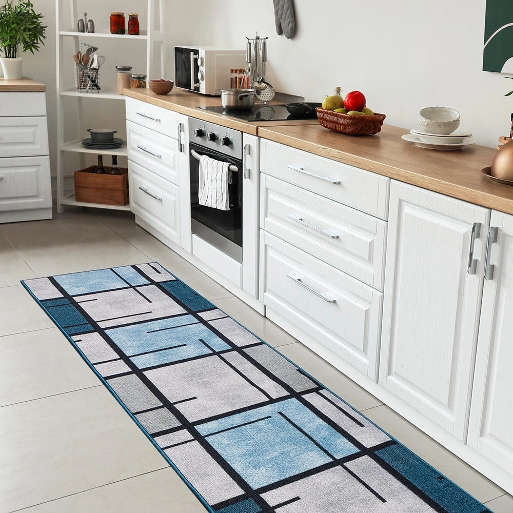 Tappeto Cucina Bordato Antiscivolo 57x190 Cm Moderno Passatoia Colori Accesi Marmorizzato Blu