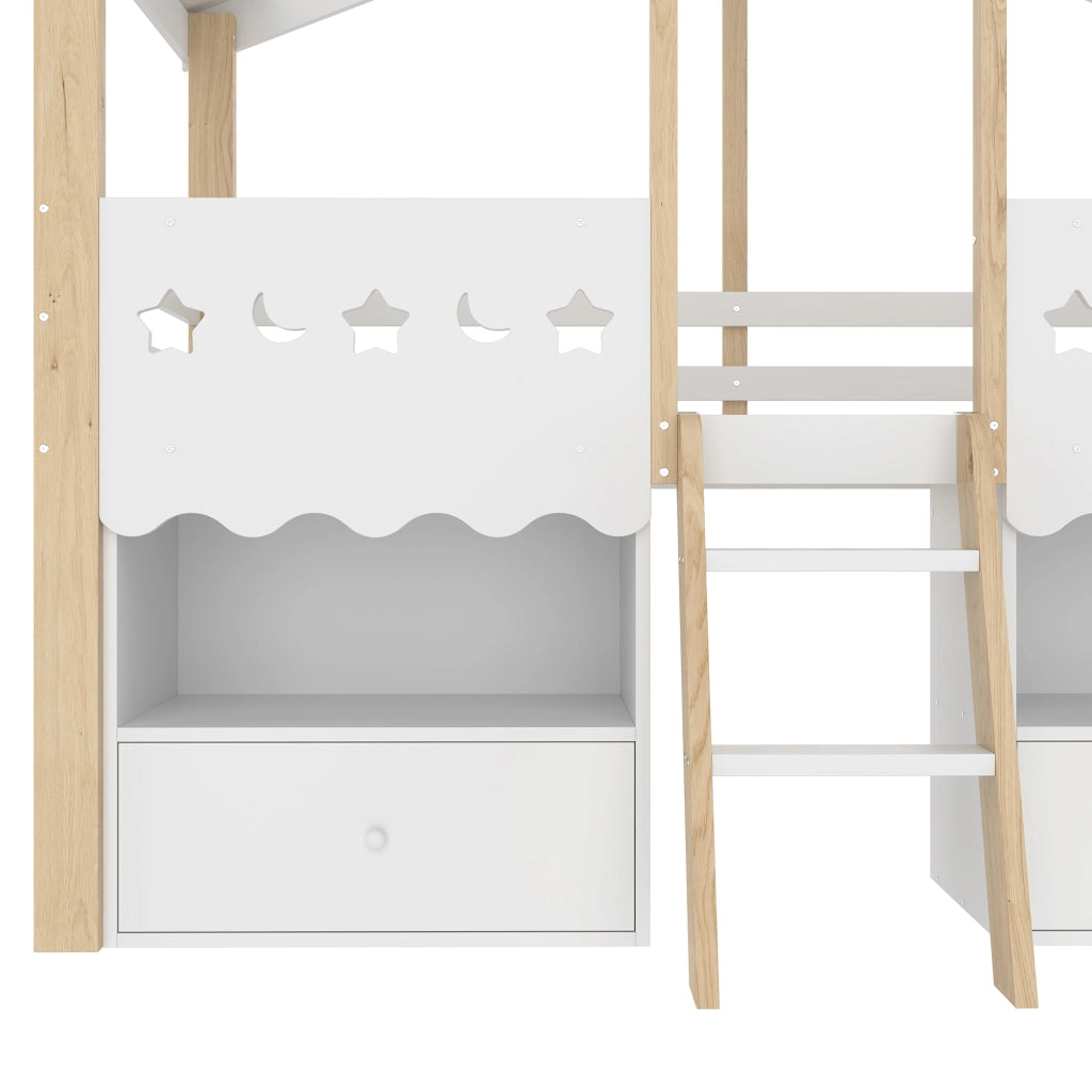 DESMIU Letto a soppalco per bambini 90 × 200 cm 1 posto con 2 cassetti, LED e scaffali, senza materasso