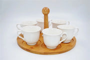 Set 6 Tazzine Tazze caffe' in Porcellana Bianca con Base in Legno