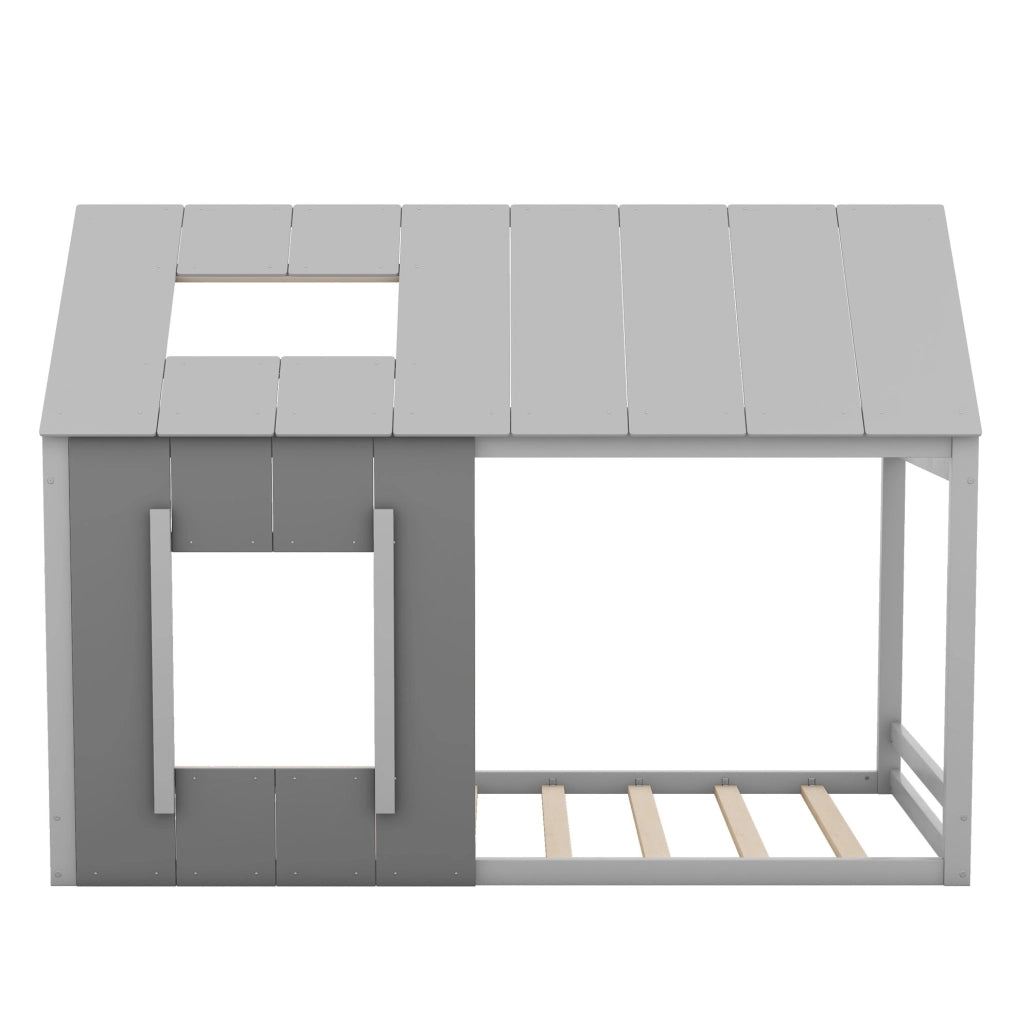 Letto per bambini 90x200 cm a forma di casa con tetto e finestra; legno; grigio