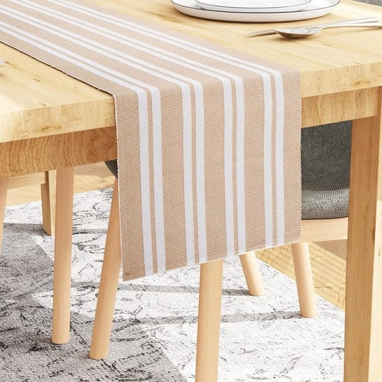 Telaio in cotone per tavola da 6 posti con strisce beige e misura Large 32 x 200 cm per decorazione da tavola autunno, Halloween e Natale - lavabile in macchina