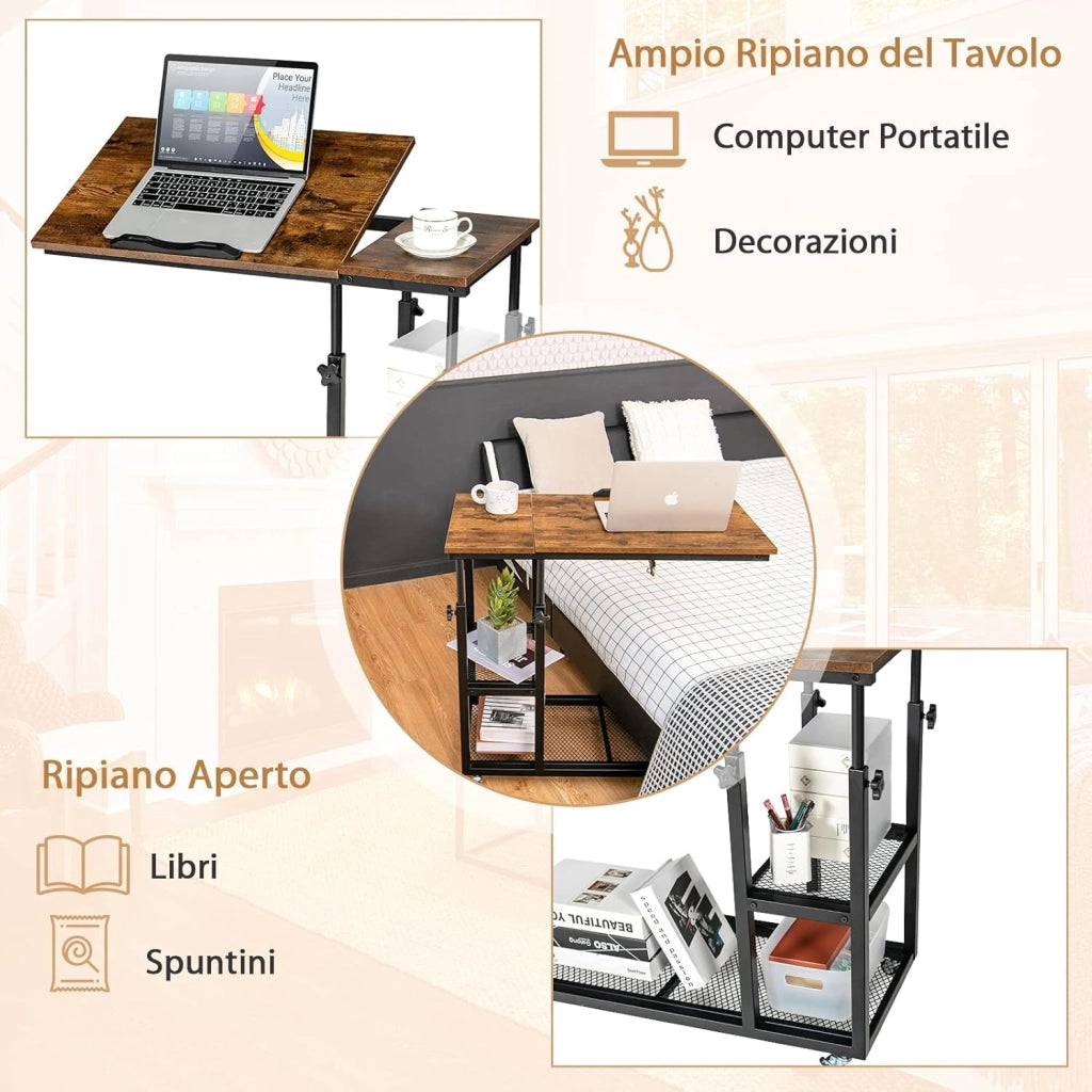 Tavolino Porta PC Regolabile in Altezza e Inclinazione, Tavolo Laterale per Letto e Divano con Ruote, Tavolino in Legno e Metallo per Salotto e Camera da letto, 80 x 40 x 64-95 cm (marrone)