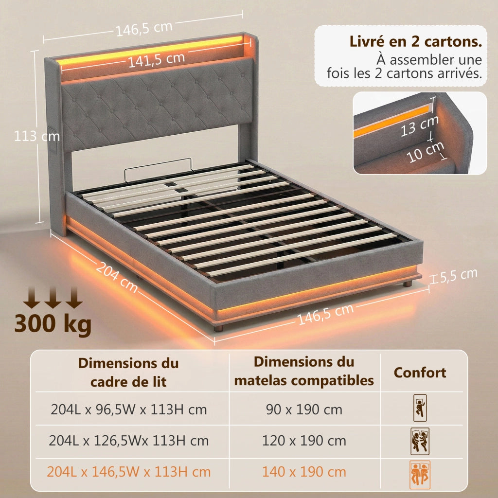 Letto contenitore imbottito con testiera e luce LED ¨C zephmum ¨C 140x190 cm grigio con contenitore idraulico
