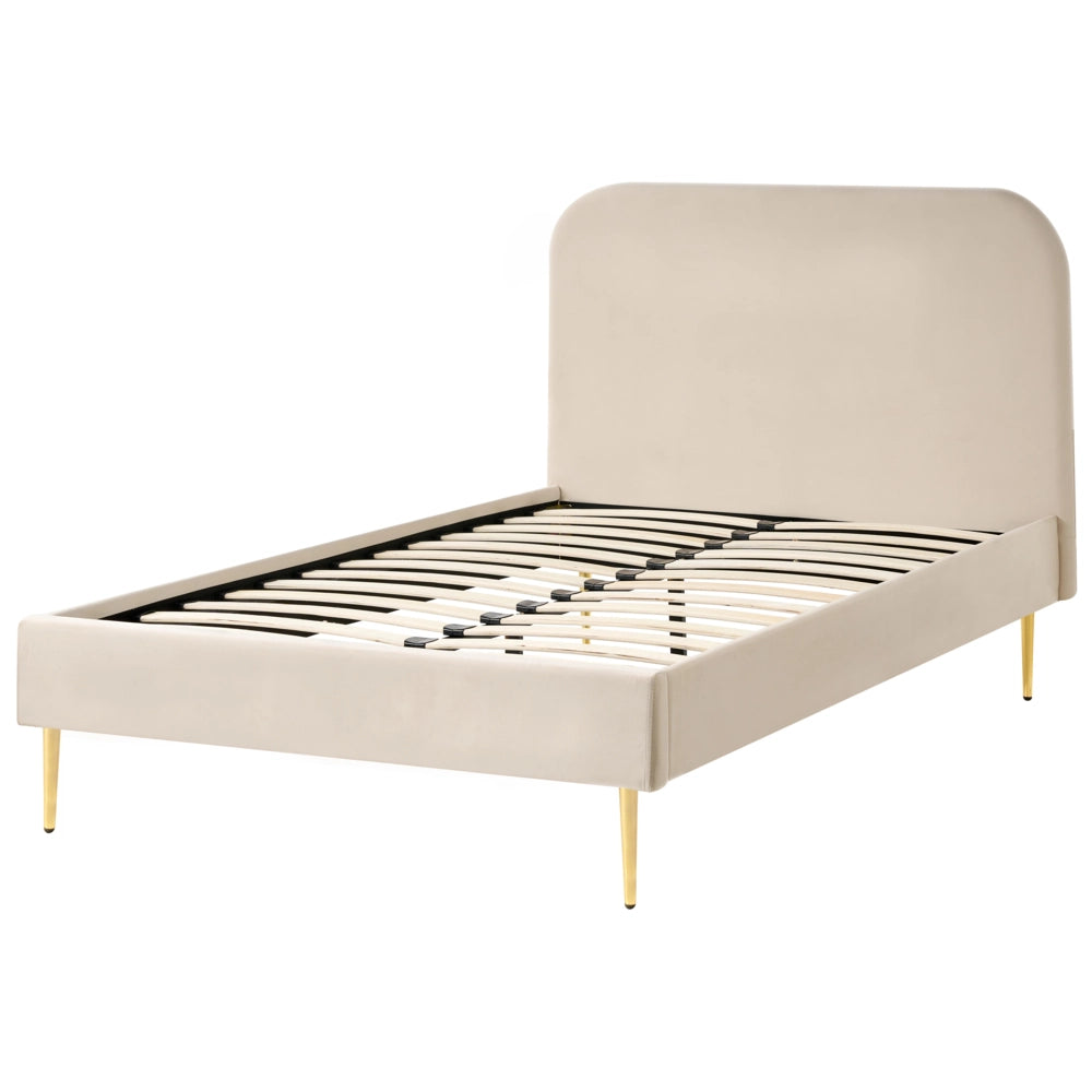 Letto beige velluto tappezzeria doppia dimensione gambe dorate testiera con rete a doghe 120 x 200 cm design minimalista