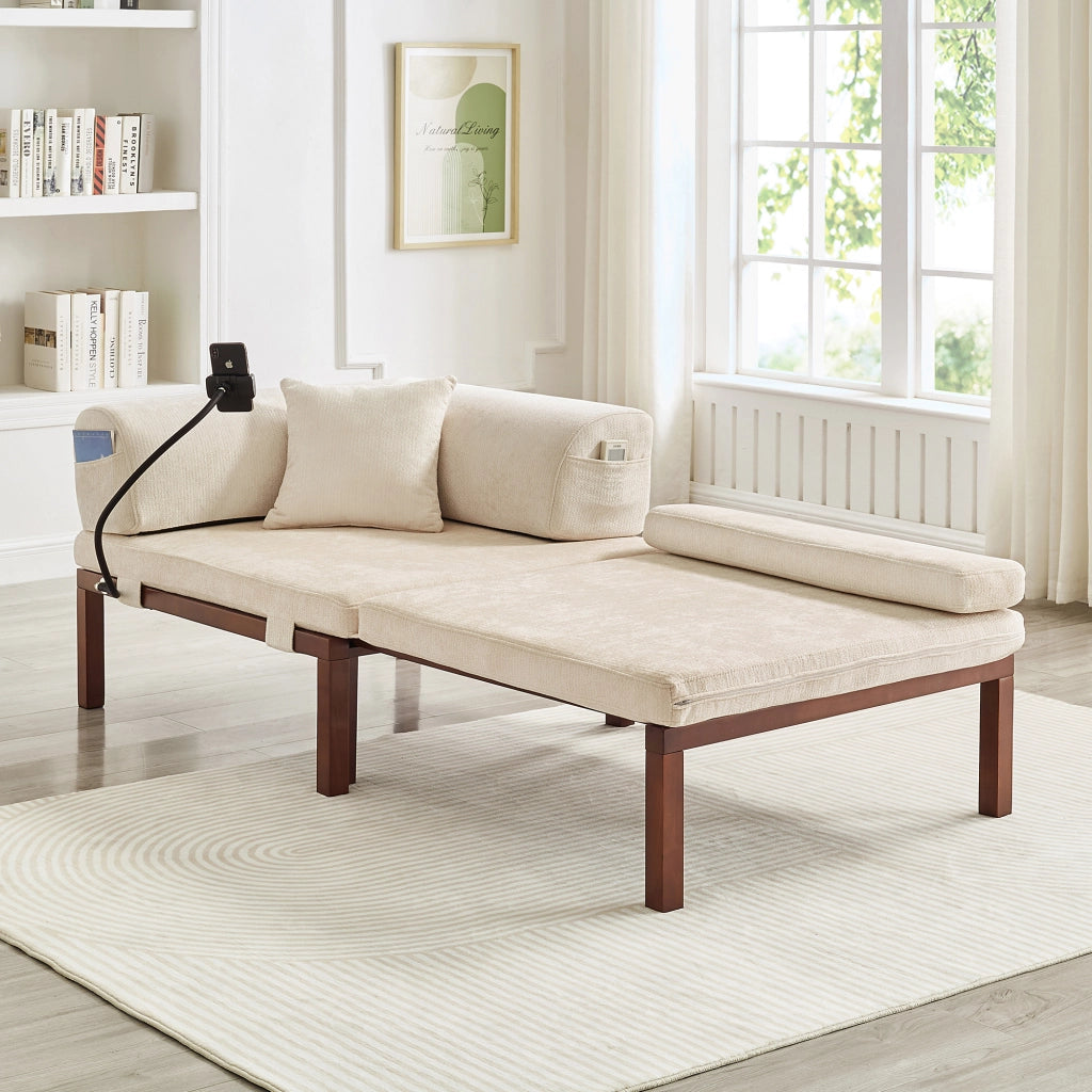 Divano letto pieghevole in legno massello con letto estraibile singolo, beige