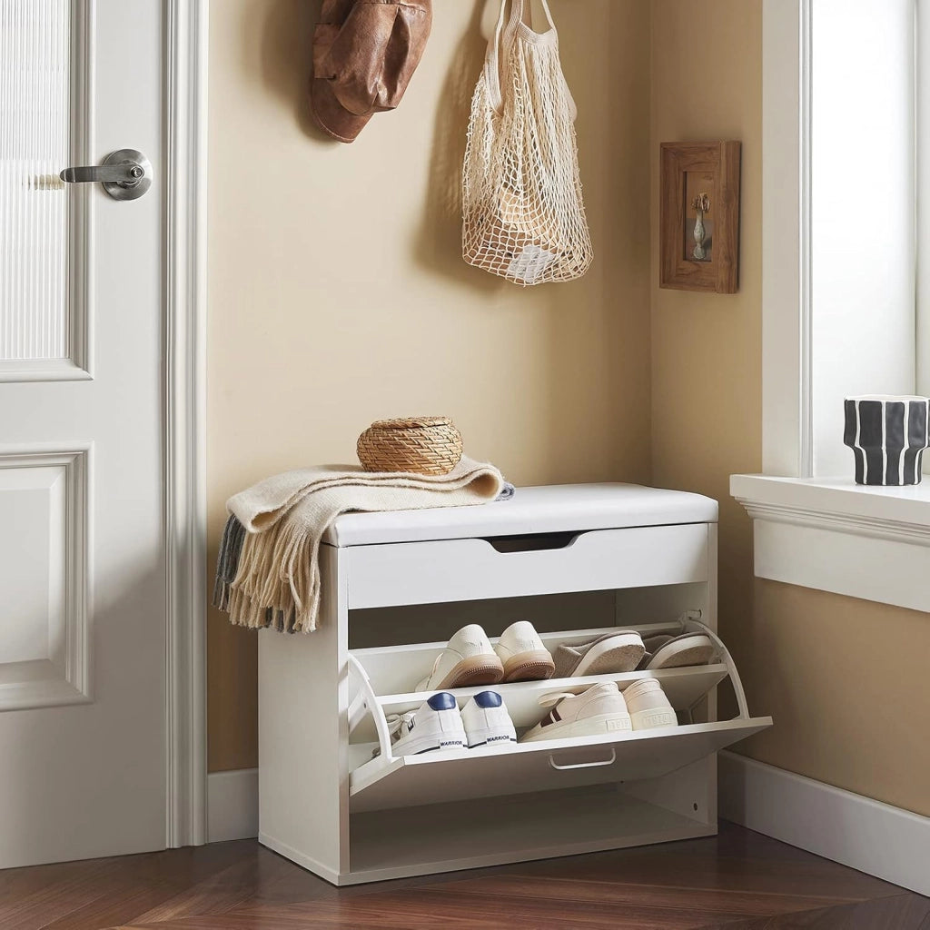 Scarpiera Salvaspazio Slim Ingresso– Panca Scarpiera da Ingresso con Contenitore Nascosto – Cassapanca Pieghevole per Corridoio o Camera da Letto – Bianco 60x30x50cm 120kg – FSR95-W