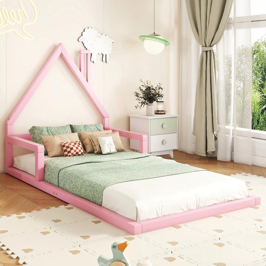 Letto per bambini a forma di casa 90x200 cm in legno di pino e MDF; rosa