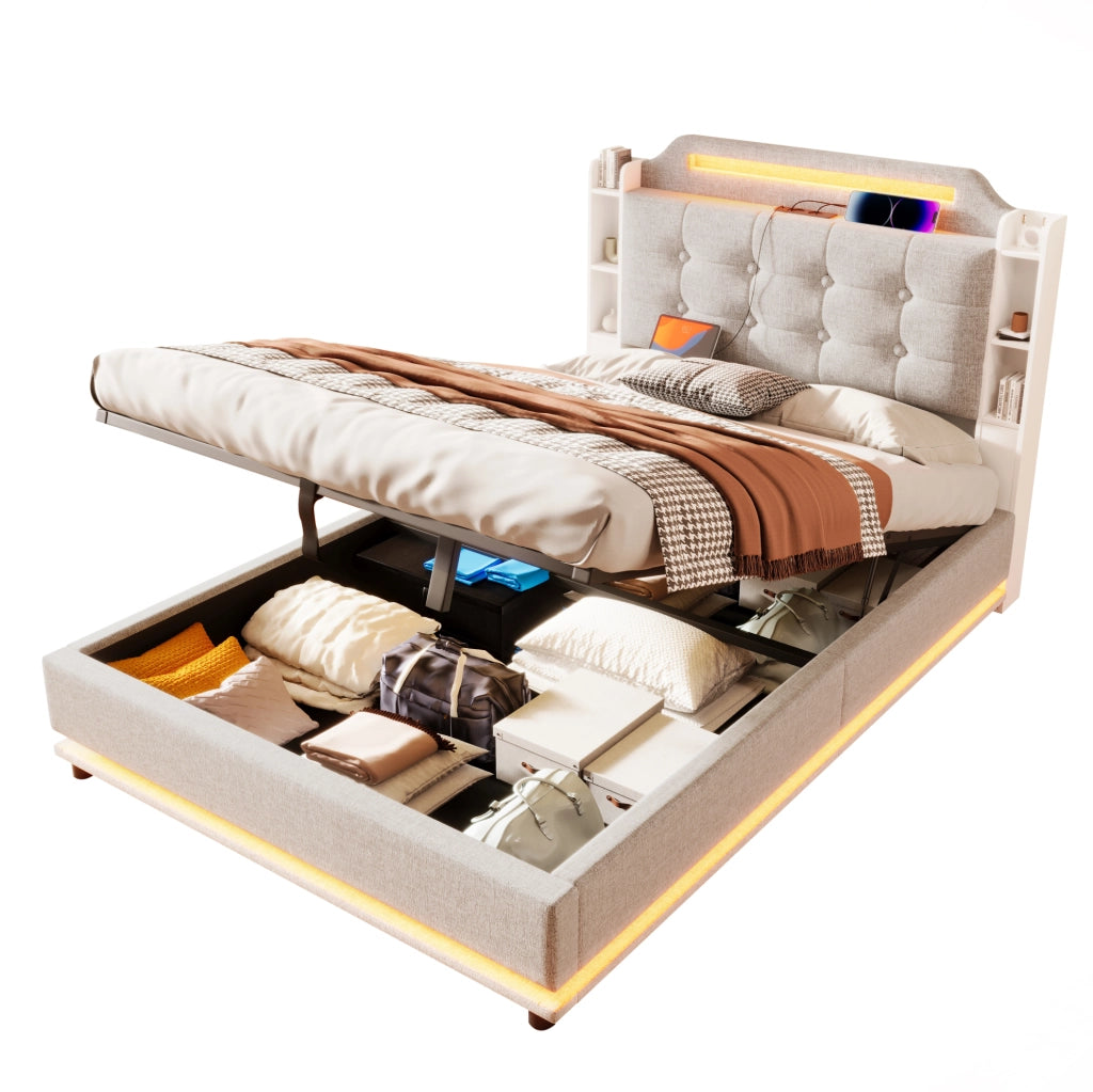 Letto imbottito 140x200 cm con LED; contenitore idraulico; USB Type-C; beige