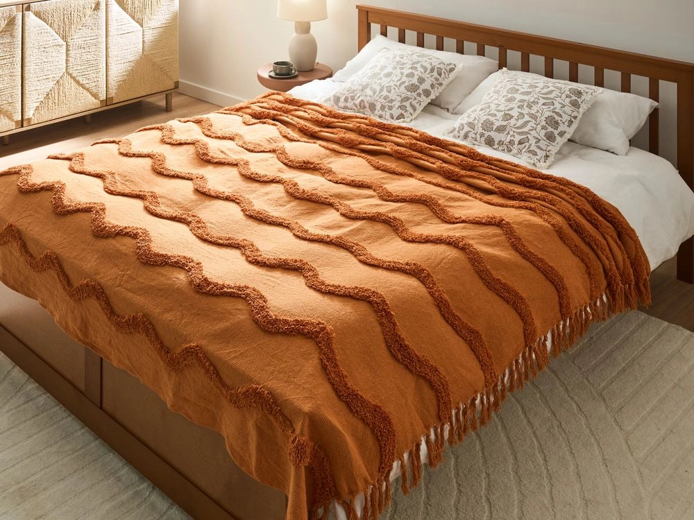 Coperta in cotone arancione con frange e motivo geometrico 200 x 200 cm stile boho soggiorno camera da letto accessorio divano