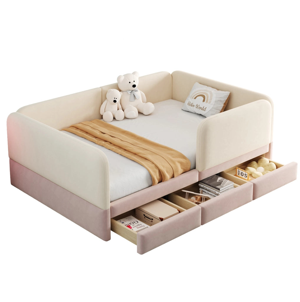 Letto imbottito per bambini 208x147x67 cm con protezione perimetrale in velluto beige e rosa