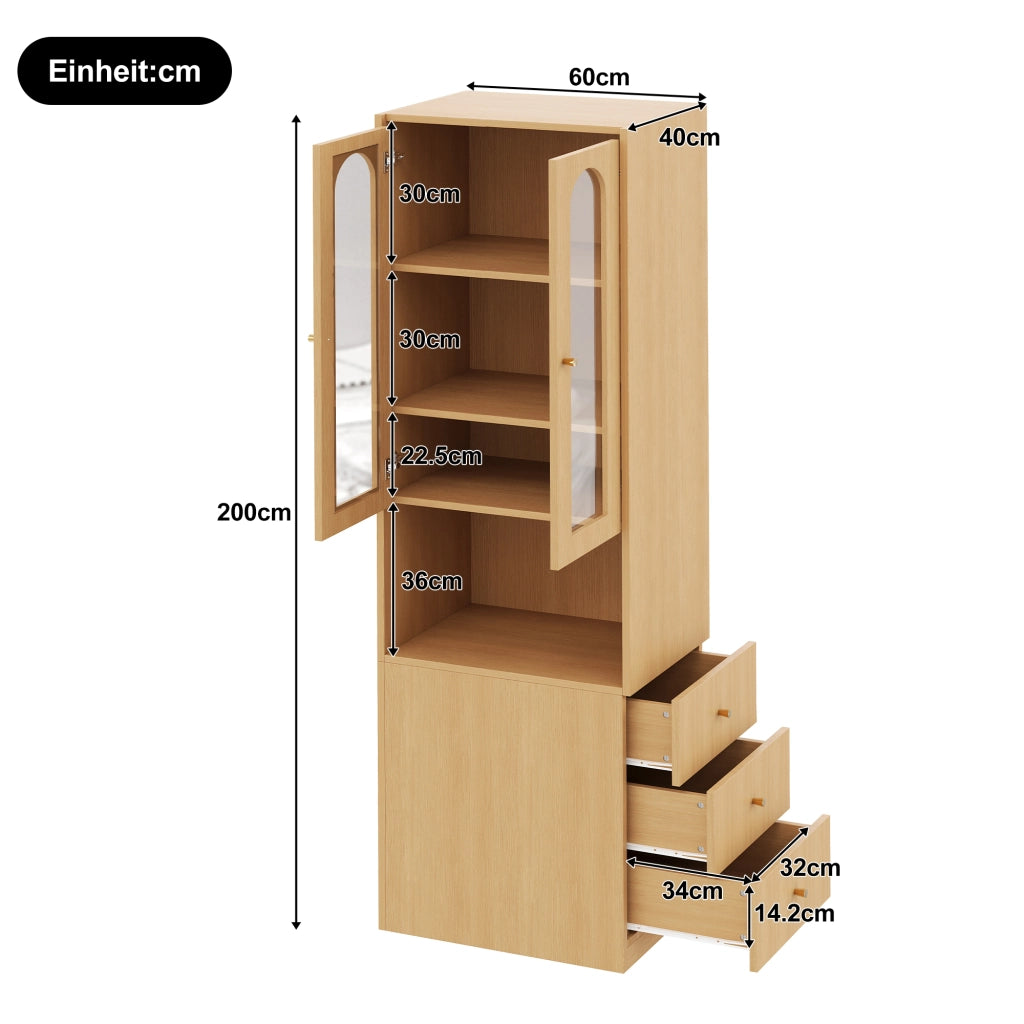 Libreria alta e stretta 60x40x200 cm effetto rovere, vetrina in vetro temperato, LED multicolore, 3 cassetti, reversibile