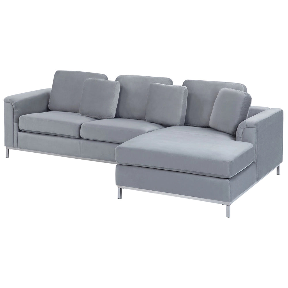 Divano ad angolo con rivestimento in velluto grigio a forma di L con orientamento a versione sinistra