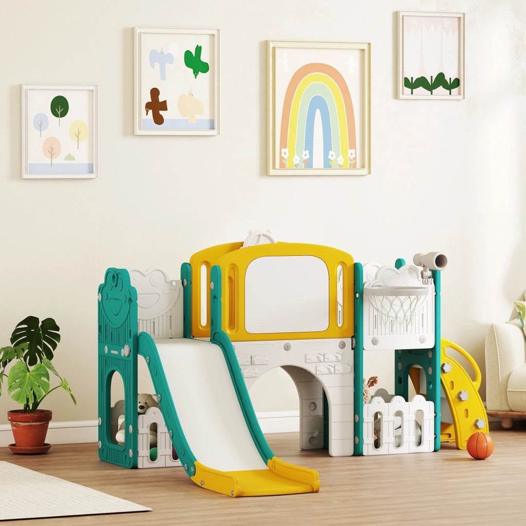 Scivolo 7 in 1 per bambini con canestro basket, telescopio, contenitore, tunnel, parete da arrampicata, tavolo da disegno ¨C Xylo ¨C giallo